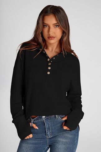 PRETTYGARDEN Women's Fall Fashion Button Up Sweatshirt Long Sleeve V Neck Loose Fit Casual Trendy Going Out Pullover Tops in Saudi Arabia