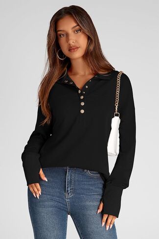 PRETTYGARDEN Women's Fall Fashion Button Up Sweatshirt Long Sleeve V Neck Loose Fit Casual Trendy Going Out Pullover Tops in Saudi Arabia