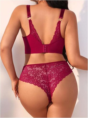 MakeMeChic Women's Plus Size Floral Lace Lingerie Sets Cut Out V Neck Underwire Matching Bra and Panty Sets in Saudi Arabia