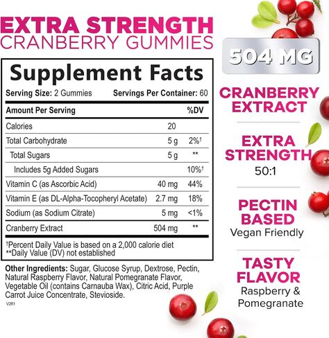 Cranberry Gummies - Urinary Tract Health Gummy + Vitamin C - 25,000mg - Triple Strength Cranberry Concentrate Extract Supplement Pills, Ultimate Potency, Non-GMO, Gluten Free - 60 Gummies in Saudi Arabia