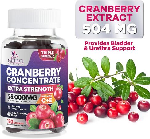 Cranberry Gummies - Urinary Tract Health Gummy + Vitamin C - 25,000mg - Triple Strength Cranberry Concentrate Extract Supplement Pills, Ultimate Potency, Non-GMO, Gluten Free - 60 Gummies in Saudi Arabia
