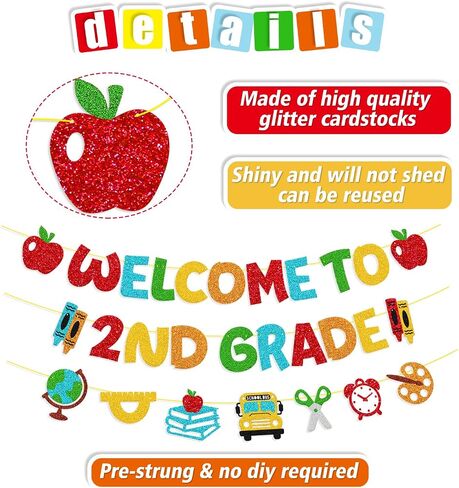 Welcome to 2nd Grade Banner First Day of Second Grade Garland Welcome Back to School Decorations Hello 2nd Grade Theme School Classroom Bulletin Board Party Supplies in Saudi Arabia