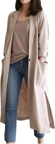 IDEALSANXUN Womens Long Cotton Linen Blazer Casual Spring Jackets Trench Coat in Kuwait