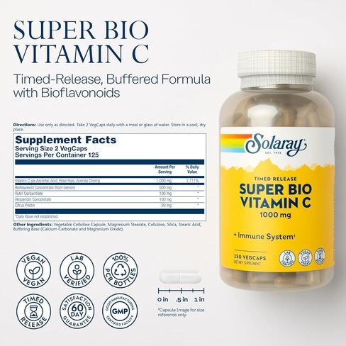 SOLARAY Super Bio Vitamin C 1000mg، مخزنة، كبسولات إطلاق الوقت مع بيوفلافونويدس، مرحلتين لامتصاص عالي ودعم المناعة طوال اليوم، نباتي، ضمان 60 يومًا، 125 حصة، 250 كبسولة نباتية in Saudi Arabia