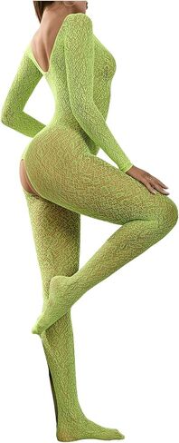 OYOANGLE Women's Mesh Sheer See Through Lingerie Bodystockings Long Sleeve Crotchless Bodysuit in Saudi Arabia