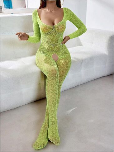 OYOANGLE Women's Mesh Sheer See Through Lingerie Bodystockings Long Sleeve Crotchless Bodysuit in Saudi Arabia