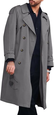 Runcati Mens Trench Coat Double Breasted Long Jacket Casual Windbreaker Notched Lapel Belted Overcoat in Saudi Arabia