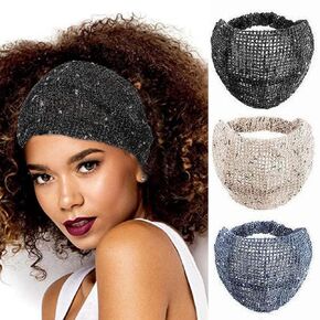 CAKURE Sequin Wide Headband Black Turban Headbands African Glitter Head Wraps Stretchy Bling Hair Wraps Hair Bands Yoga Running Sport Hair Accessories for Women and Girls