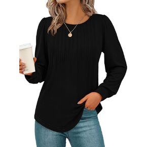 NALANISA Women's Puff Long Sleeve Tunic Tops Pleated Work Blouses Dressy Casual Loose Crew Neck T-Shirts Fall Fashion 2024