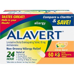 Alavert Allergy تخفيف 24 ساعة، نكهة الحمضيات، أقراص الحساسية المتحللة عن طريق الفم، مضادات الهيستامين غير النعاس، لوراتادين 10 ملغ، 18 قطعة in Kuwait