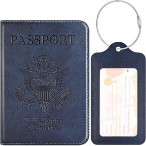 DMLuna Passport Holder and Luggage Tag Set, Passport and Vaccine Card Holder Combo, Leather Passport Wallet Cover Travel Documents Organizer with Vaccine Card Slot, for Men and Women, Navy Blue