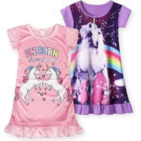 Jurebecia 2Pcs Girls Unicorn Nightgowns 3-10 Years Short Sleeve Nightdress Nightie Dress Sleepwear Pajamas for Kids Girls