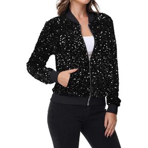 Anna-Kaci Women's Sparkly Sequin Jacket Zipper Long Sleeve Glitter Sequin Bomber Jacket with Pockets