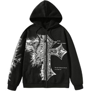 SHENHE Men's Graphic Zip Up Cross Print Hoodie Y2k Goth Hoodie Sweatshirt with Pockets