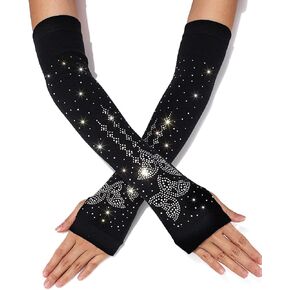 فراشة Rhinstone أصابع قفازات سباركلي قفازات طويلة سوداء متماسكة الطرف تمتد الذراع دفئا حفلة موسيقية الملحقات للنساء والفتيات in Kuwait