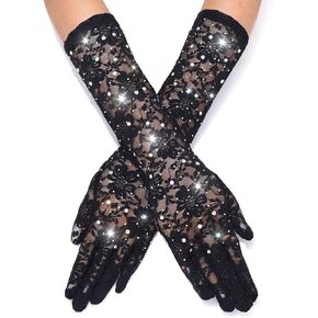 GORAIS Lace Gloves Black Rhinestone Opera Tea Party Sheer Gloves Evening Prom Accessories for Women