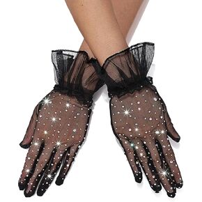 Sparkly Rhinestone Short Finger Gloves Lace Wrist Glove Tea Party Accessories for Women