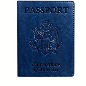 Creative Passport Holder Cover With 3D Metal Badge RFID Blocking Leather Passport Wallet And Case For Family (Blue & Gold)