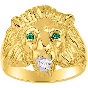 Rylos Lion Head Ring with Gemstone Eyes & Diamond Mouth – Fun Designer Rings in Sizes 6-13 in Yellow Gold Plated Silver