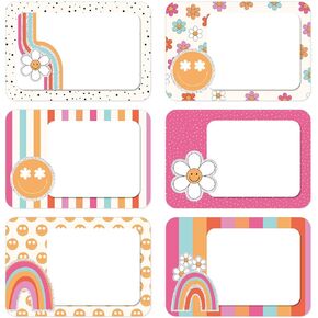 180Pcs Boho Groovy Name Tag Stickers Rainbow Smile Flower Retro Sticky Nameplates 6 Designs Blank Self-Adhesive Name Label Decals for Students Desk Classroom School