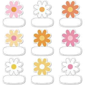 Whaline 180Pcs Flower Name Tag Stickers Colorful Floral Nameplate Decal Classroom Bulletin Board Decoration 9 Designs Hippie Y2k Label Stickers for Summer Office Desk Wall Decor