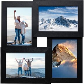 إطارات صور مجمعة مقاس 4x6 من Egofine، مصنوعة من الخشب الصلب، إطار صورة عائلي يعرض أربع صور مقاس 4x6، مغطاة بزجاج شبكي للتعليق على الحائط وسطح الطاولة، أسود