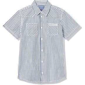 GUESS Boys' Organic Cotton Yarn Dye Poplin Short Sleeve Button Down Shirt