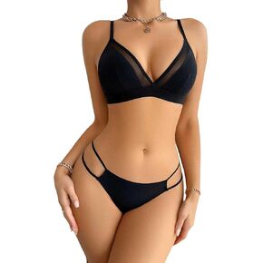 Women's 2 Piece Lingerie Set Seamless Contrast Mesh Bralettes and No Show Thongs Underwear Set