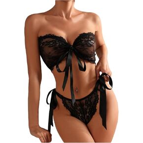 SOLY HUX Women's Lingerie Set Lace Sheer Bow Front Strapless Bra and Tie Side Panty Sets