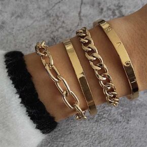 4PCS Bracelet Chunky Link Gold Open Cuff Wrap LOVE Bangle Multiple Boho Bracelet Coin Charm Set for Women and Girls Gift