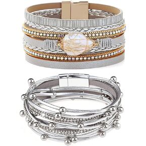 Gleamart 2 Pieces Multilayer Leather Bracelet Set Beads Wrap Bangles with Magnetic Buckle for Women