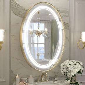 مرآة LED بيضاوية مقاس 22 × 30 بوصة من Keonjinn للحمام مع أضواء أمامية سوداء مؤطرة بـ 3 درجات حرارة ملونة مثبتة على الحائط مرآة زينة مقاومة للماء IP54 in Kuwait