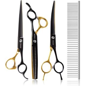 Dog Grooming Scissors Kit for Small Dogs, Black and Gold Two-Color Blender Shears Curved Scissors Straight Scissors 3pcs Set(Black&Gold,Kit)