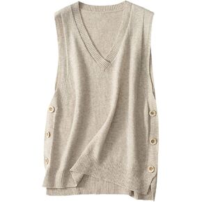 Women's V-Neck Simple Three-Button Design Solid Color Loose Casual All-Wool Knitted Vest