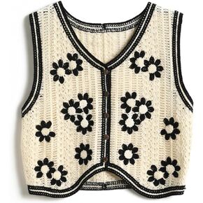 Women's Front Button V-Neck Sleeveless Crochet Embroidered Knitted Sweater Short Vest