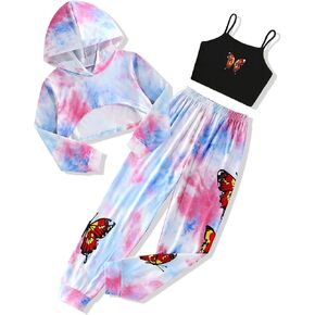 Girls Clothes 3PC Tie-dye with Butterfly Print Hoodie Sweatshirt Butterfly Print Cami Tops Sweatpants Girls
