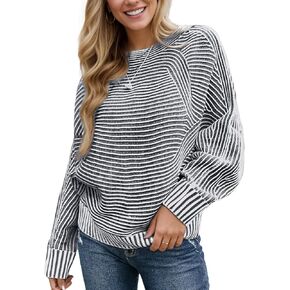 VIMPUNEC Fall Winter Sweaters for Women Knit Striped Batwing Pullover Trendy Oversized Long Sleeve Tops