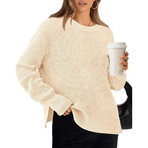 BTFBM Casual Women Fall Sweater 2024 Long Sleeve Ribbed Knit Pullover Loose Crewneck Split Cozy Sweater
