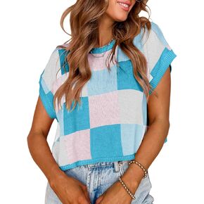 Womens Cap Sleeve Crop Tops Color Block Knit Summer Crew Neck Casual Sweaters