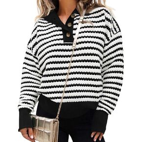 ZESICA Womens Striped Long Sleeve Sweaters 2024 Fall Casual Lapel V Neck Knit Drop Shoulder Loose Pullover Tops