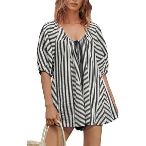 ReachMe Womens Summer Striped Rompers Oversized Puff Sleeve Wide Leg Romper Dress Trendy Beach Vacation Outfits