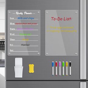 Acrylic Magnetic Calendar for Fridge, 2 Pack 9"x13" Clear Magnetic Weekly Calendar for Fridge, Weekly Planner Magnetic Fridge Calendar includes 6 Markers, Pen Container, Eraser