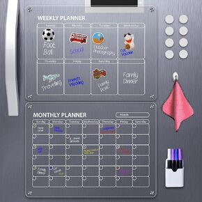 2 Pcs Magnetic Acrylic Calendar for Fridge, 16"x12" Acrylic Fridge Calendar with Monthly & Weekly Planner Including 6 Highlighted Colorfull Markers, Magnetic Pen Holder and Erase Towel