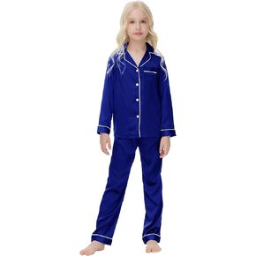 Veseacky Unisex Satin Pajamas Set Boys Girls Silk Pjs for Kids Long Sleeve 2 Piece Sleepwear Button-Down Nightwear(4-13T)