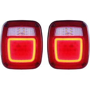 Smoked Halo Tail Lights Square Rear Combination Tail Lights Lamps Assembly Replacement for 1979-2006 Wrangler TJ YJ CJ5 CJ7 with Passenger and Driver Side Marker Stop Turn Signal Brake Lights, 2Pcs