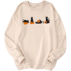 MODNTOGA Women Halloween Sweatshirt Crewneck Pumpkin Black Cats Graphic Pullover Tops Long Sleeve Vintage Halloween Outfit