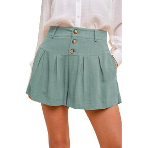Famulily Summer Cute Shorts for Women High Waisted Linen Shorts Back Elastic Waist Pleated Wide Leg Shorts with Pockets 2024