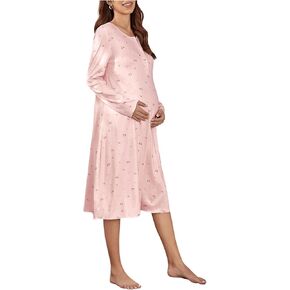 OYOANGLE Women's Maternity Short Sleeve Breastfeeding Patchwork Pjs Button Front Round Neck Nursing Gown Preganacy Dress
