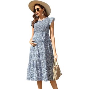 Maternity Dress Spring Women's Maternity Dresses A Line Sweetheart Neck Ruffle Flowy Mini Boho Maternity Dress for Wedding Guest Blue Florals#GL XX-Large