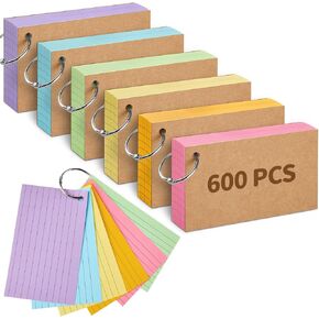 600 PCS Index Cards, 3 x 5 Inches Colored Flash Cards with Rings Ruled Lined Note Cards for Studying, School Office Supplies